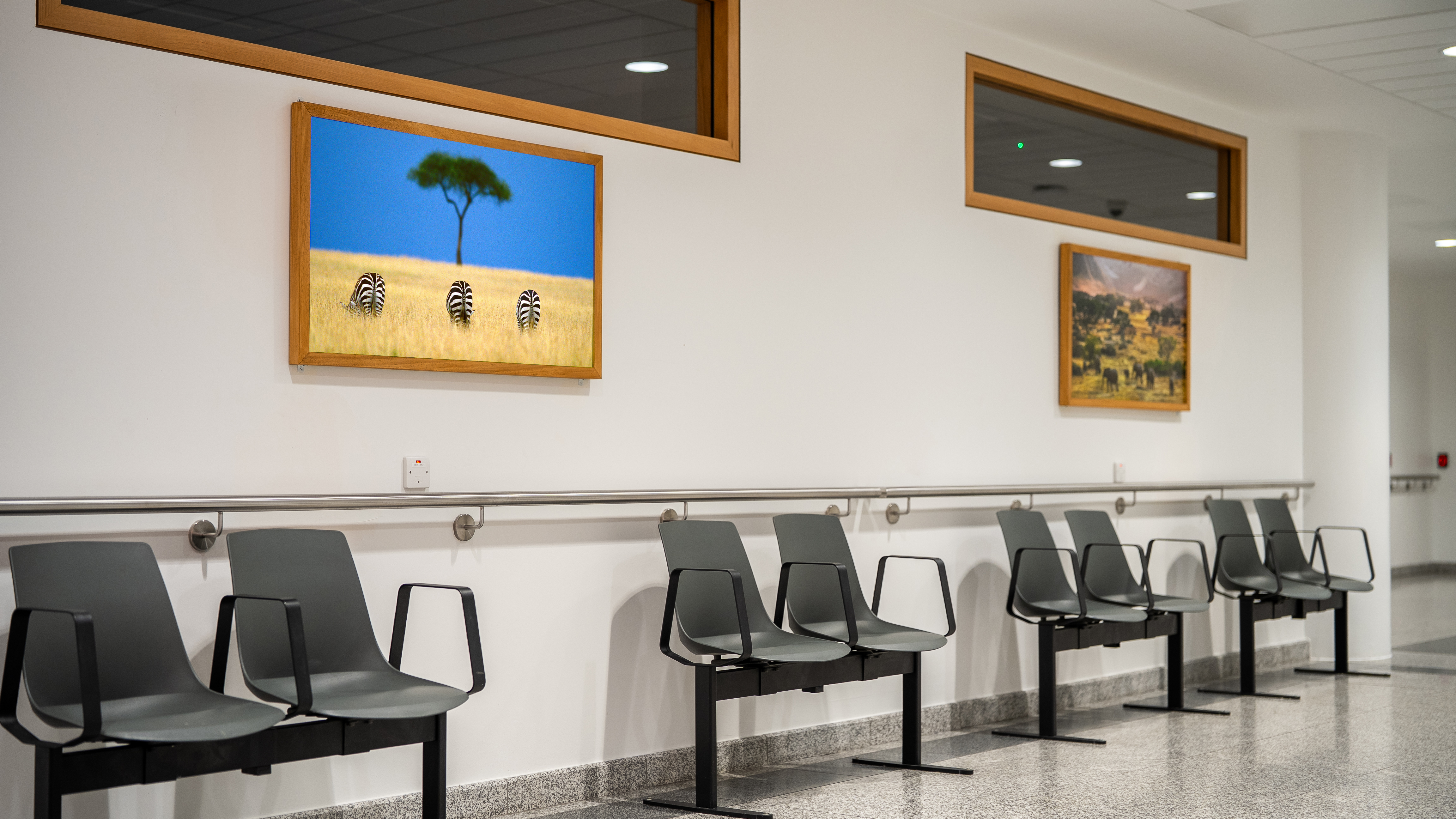 Clinical waiting area with calming digital nature imagery
